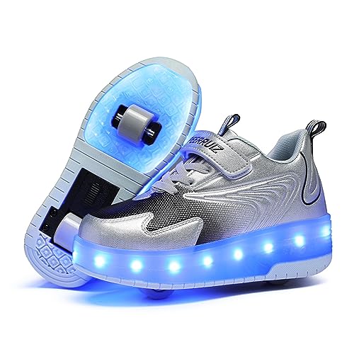 Unisex Kinder LED Licht USB Wiederaufladbar Skateboardschuhe mit Doppelrad Rollen,Drucktaste Einstellbare Roller Skates, Outdoor Sport Fitnessschuhe Gymnastik Running Sneaker von Roller&Skates