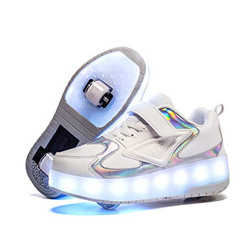 Unisex Kinder LED Licht USB Wiederaufladbar Skateboardschuhe mit Doppelrad Rollen,Drucktaste Einstellbare Roller Skates, Outdoor Sport Fitnessschuhe Gymnastik Running Sneaker von Roller&Skates