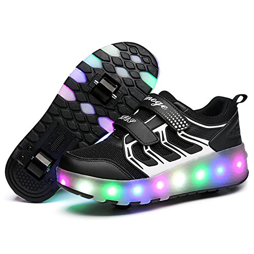 Unisex Kinder LED Licht USB Wiederaufladbar Skateboardschuhe mit Rollen Drucktaste Einstellbare Rollerblades Inline Skates Outdoor Sport Fitnessschuhe Gymnastik Running Sneaker für Jungen Mädchen von Roller&Skates