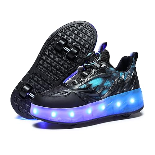 Unisex Kinder LED Licht USB Wiederaufladbar Skateboardschuhe mit Vier Rollen,Abnehmbar, Stabiler und Sicherer Outdoor Sport Fitnessschuhe Gymnastik Running Sneaker für Jungen Mädchen von Roller&Skates