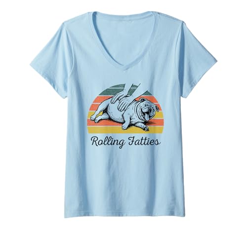 Damen Chubby Bulldog Rolling Fatties Lustiger Vintage-Stil T-Shirt mit V-Ausschnitt von Rollin Fatties