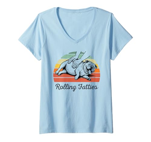 Damen Chubby Bulldog Rolling Fatties Lustiger Vintage-Stil T-Shirt mit V-Ausschnitt von Rollin Fatties