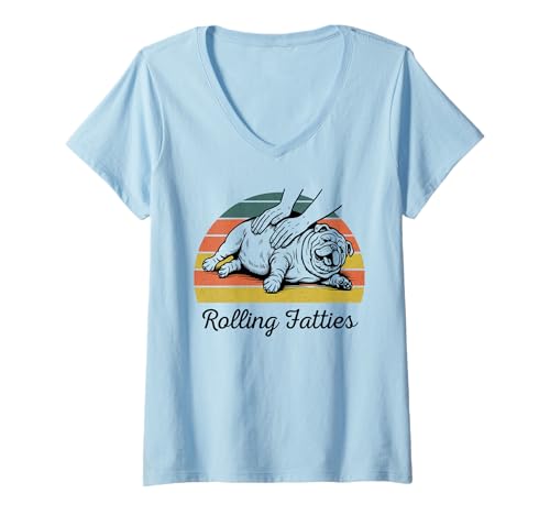 Damen Chubby Bulldog Rolling Fatties Lustiger Vintage-Stil T-Shirt mit V-Ausschnitt von Rollin Fatties