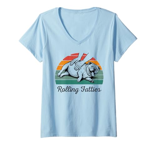 Damen Chubby Bulldog Rolling Fatties Lustiger Vintage-Stil T-Shirt mit V-Ausschnitt von Rollin Fatties