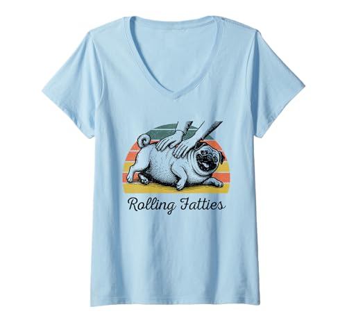 Damen Chubby Pug Rolling Fatties Lustiger Vintage-Stil T-Shirt mit V-Ausschnitt von Rollin Fatties
