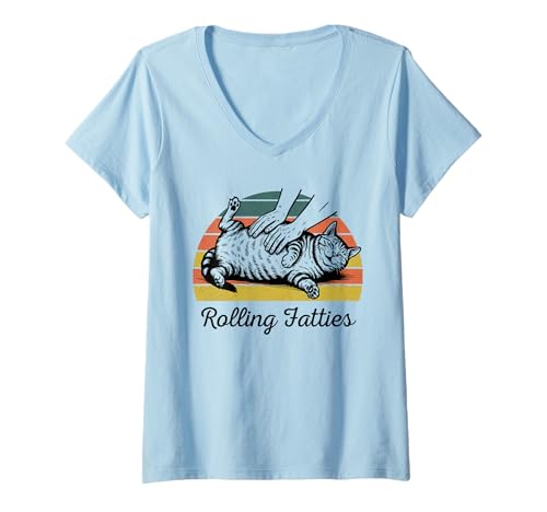Damen Chubby Tabby Cat Pure Bread Rolling Fatties Lustiger Vintage-Stil T-Shirt mit V-Ausschnitt von Rollin Fatties