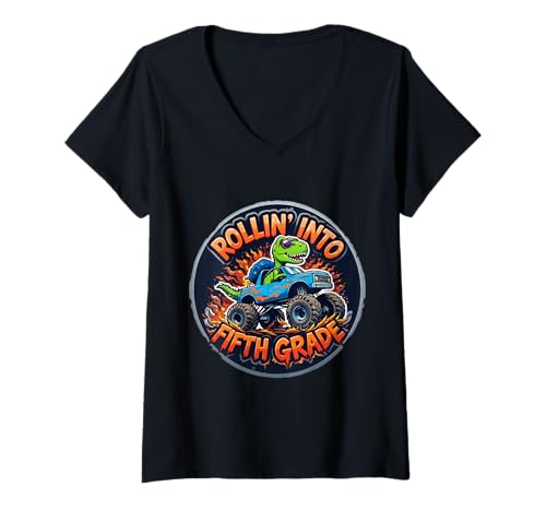 Damen Rollin' Into T-Rex Monster Truck der Fünftklässler der Fünftklässler T-Shirt mit V-Ausschnitt Damen Rollin' Into T-Rex Monster Truck der Fünftklässler der Fünftklässler T-Shirt mit V-Ausschnitt von Rollin' Into Fifth Grade 5th Grader T-Rex Products