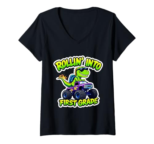 Damen Rollin' Into Erstklässler T-Rex Monster Truck T-Shirt mit V-Ausschnitt Damen Rollin' Into Erstklässler T-Rex Monster Truck T-Shirt mit V-Ausschnitt von Rollin' Into First Grade 1st Grader T-Rex Products