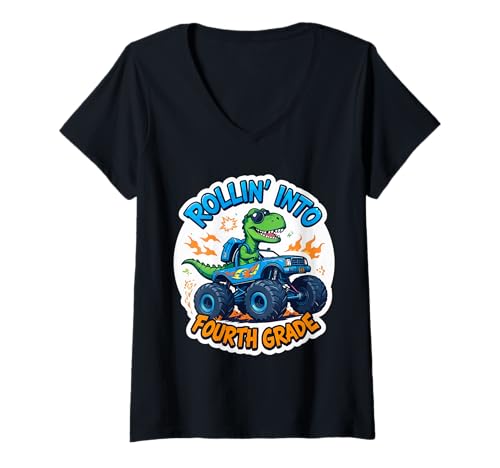 Damen Rollin' Into Into T-Clader T-Rex Monster Truck der vierten Klasse T-Shirt mit V-Ausschnitt Damen Rollin' Into Into T-Clader T-Rex Monster Truck der vierten Klasse T-Shirt mit V-Ausschnitt von Rollin' Into Fourth Grade 4th Grader Products