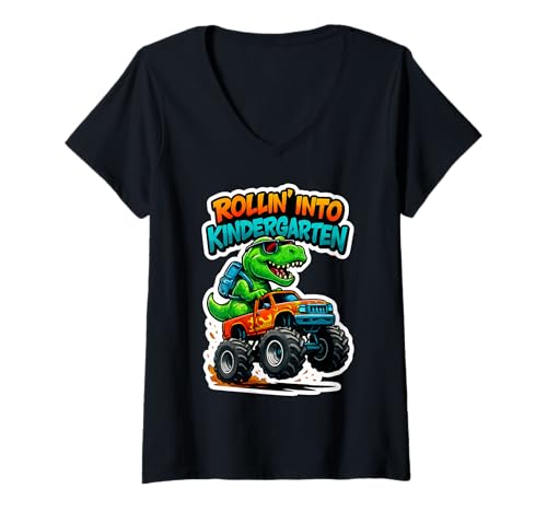 Damen Rollin' Into Kindergarten T-Rex Monster Truck Zurück zur Schule T-Shirt mit V-Ausschnitt Damen Rollin' Into Kindergarten T-Rex Monster Truck Zurück zur Schule T-Shirt mit V-Ausschnitt von Rollin' Into Kindergarten T-Rex Products