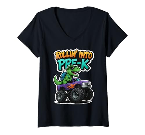 Damen Rollin' Into Pre-K T-Rex Monster Truck zum neuen Schuljahr für Jungen T-Shirt mit V-Ausschnitt Damen Rollin' Into Pre-K T-Rex Monster Truck zum neuen Schuljahr für Jungen T-Shirt mit V-Ausschnitt von Rollin' Into Pre-K T-Rex Monster Truck Products