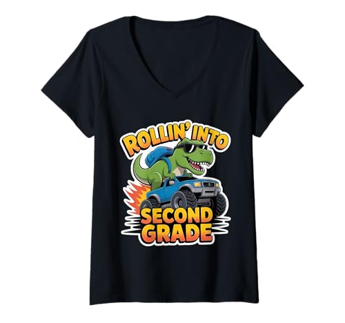 Damen Rollin' Into Zweitklässler T-Rex Monster Truck der zweiten Klasse T-Shirt mit V-Ausschnitt Damen Rollin' Into Zweitklässler T-Rex Monster Truck der zweiten Klasse T-Shirt mit V-Ausschnitt von Rollin' Into Second Grade 2nd Grader Products