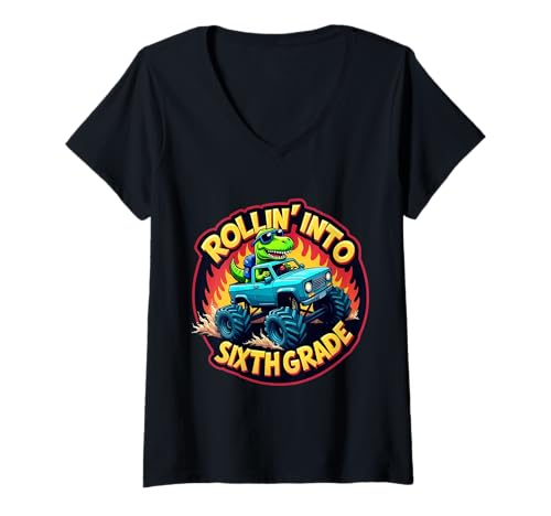 Damen Rollin' Into In Die Sechstklässler T-Rex Monster Truck der 6. Klasse T-Shirt mit V-Ausschnitt Damen Rollin' Into In Die Sechstklässler T-Rex Monster Truck der 6. Klasse T-Shirt mit V-Ausschnitt von Rollin' Into Sixth Grade 6th Grader T-Rex Products