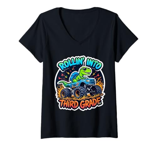 Damen Rollin' Into T-Rex Monster Truck der dritten Klasse für Drittklässler T-Shirt mit V-Ausschnitt von Rollin' Into Third Grade 3rd Grader T-Rex Products