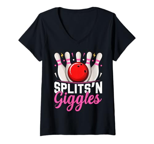 Damen Splits and Giggles Lustiges Bowling League Design T-Shirt mit V-Ausschnitt von Rolling Alley Funwear Co