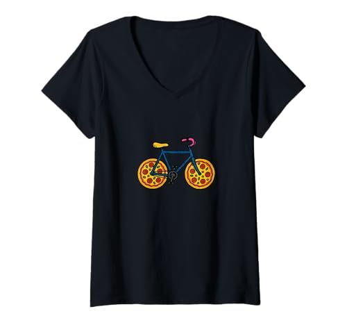 Damen Fahrrad mit Pizzas als Rädern, lustiges Zitat für Essensliebhaber T-Shirt mit V-Ausschnitt von Rolling Flavor Emporiums