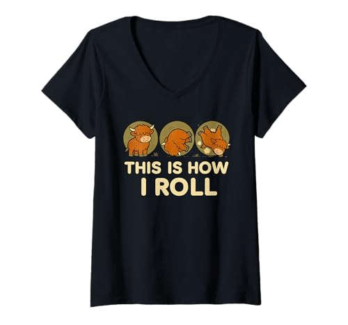 Damen This is How I Roll Funny Highland Cow, Retro Western T-Shirt mit V-Ausschnitt Damen This is How I Roll Funny Highland Cow, Retro Western T-Shirt mit V-Ausschnitt von Rolling Meadow Humor Co.