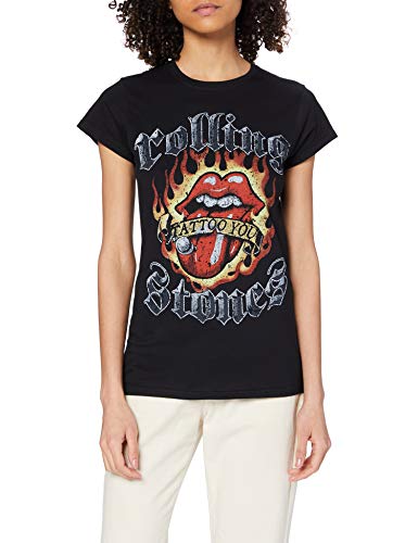 Rolling Stones Damen Flaming Tattoo Tongue T-Shirt, Schwarz, 40 von Rolling Stones