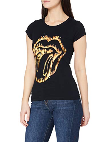 Rolling Stones Damen Flaming Tongue T-Shirt, Schwarz, 40 von Rolling Stones