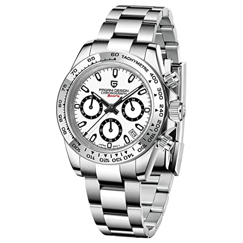 Herren Uhren Voller Edelstahl Chronograph Quarz Armbanduhr für Männer Wasserdicht Sport Business Armbanduhr Auto Datum, Silber Weiß Pagani 1727 V2 von RollsTimi