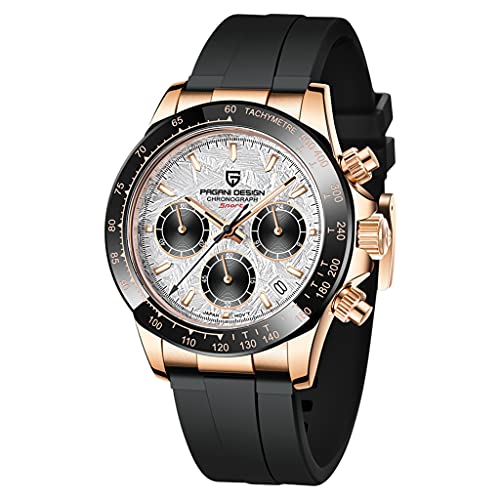 Pagani Design 1644 Herren Klassische Chronograph Uhren Japan VK63 Bewegung Panda Zifferblatt Keramik Lünette Edelstahl Männer Mode Sport Wasserdicht Quarzuhr, Gold-1664, Gurt von RollsTimi