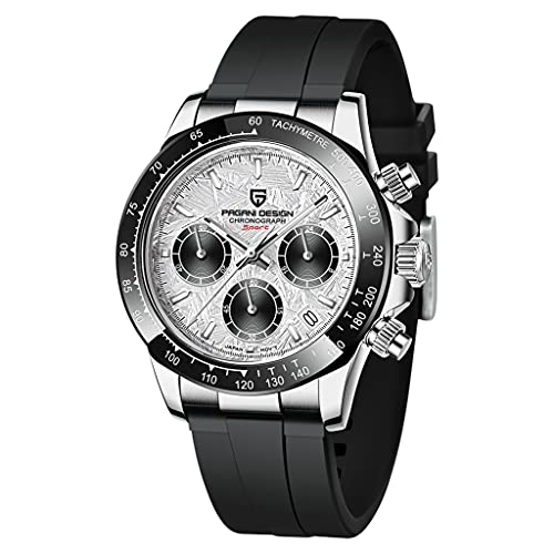 Pagani Design 1644 Herren Klassische Chronograph Uhren Japan VK63 Bewegung Panda Zifferblatt Keramik Lünette Edelstahl Männer Mode Sport Wasserdicht Quarzuhr, Silber - 1664, Gurt von RollsTimi