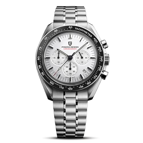 Pagani Design 1701 Herrenuhr, Herren Quarz-Chronograph, weißes Zifferblatt, Japanisches VK63-Uhrwerk, Edelstahlarmband, 100 Meter wasserdichte Sportuhr. (1701-Heller Mond) von RollsTimi