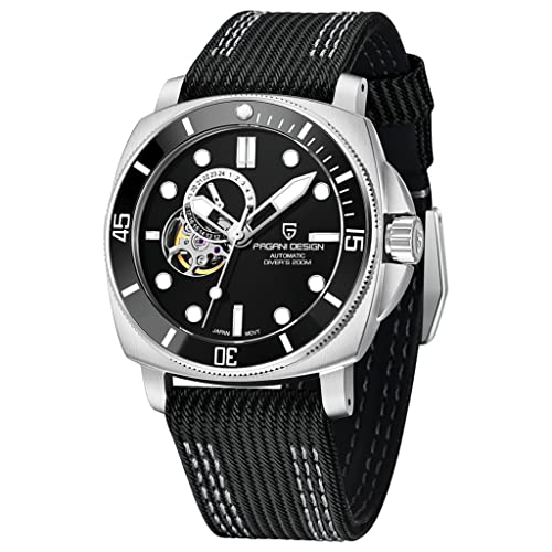 Pagani Design 1736 Herren Skelett Automatik Uhren Japan NH39 Bewegung NATO Nylonband 200M Wasserdicht Uhr für Männer Mode Sport, Schwarz , Gurt von RollsTimi