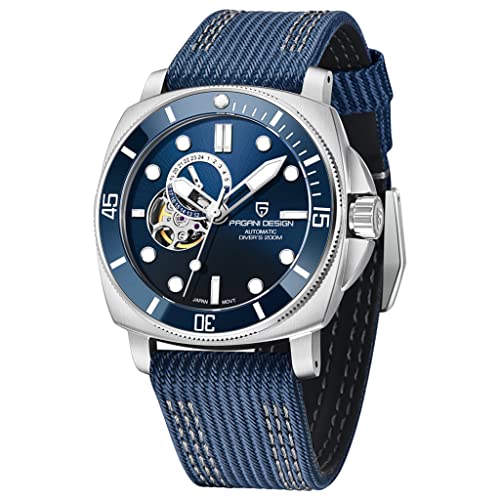 Pagani Design 1736 Herren Skelett Automatik Uhren Japan NH39 Bewegung NATO Nylonband 200M Wasserdicht Uhr für Männer Mode Sport, blau, Gurt von RollsTimi