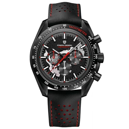 Pagani Design Armbanduhr 1779 Herren Chronograph Quarz Uhren Mond mattiert Zifferblatt VK63 Uhrwerk Lederband 100M Wasserdicht Mode Sport Uhr, Rot von RollsTimi