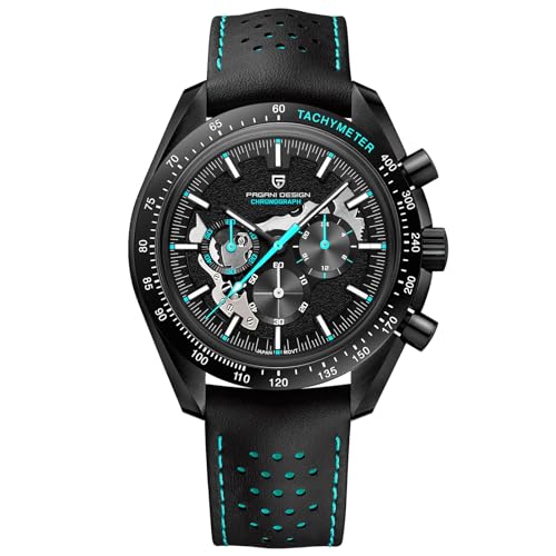 Pagani Design Armbanduhr 1779 Herren Chronograph Quarz Uhren Mond mattiert Zifferblatt VK63 Uhrwerk Lederband 100M Wasserdicht Mode Sport Uhr, blau von RollsTimi