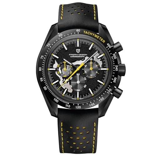 Pagani Design Armbanduhr 1779 Herren Chronograph Quarz Uhren Mond mattiert Zifferblatt VK63 Uhrwerk Lederband 100M Wasserdicht Mode Sport Uhr, gelb von RollsTimi