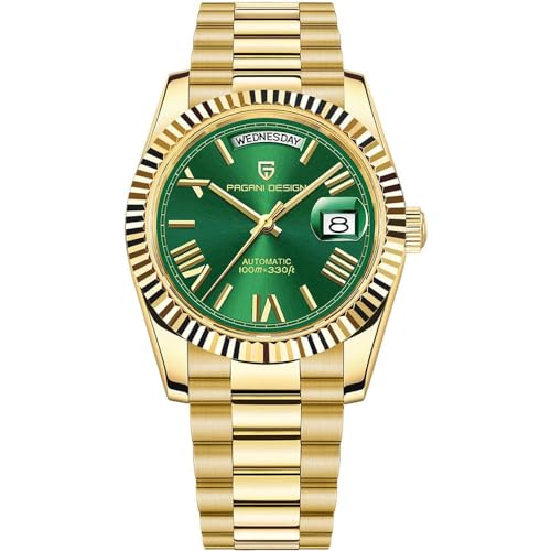 Pagani Design Herren-Automatikuhr, NH36A Uhrwerk Mechanische Herrenuhr DD40 AR Saphirglas 100 Meter wasserdicht Klassische Sportuhr für Herren PD-1783 (Goldgrün PD-1783) von RollsTimi