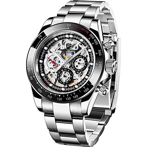 Pagani Design Herren Automatikuhr Diamant Regenbogen Automatik Mechanisch Wasserdicht Edelstahl Chronograph Skelett Herren 40mm (Silber Schwarz) von RollsTimi