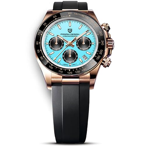 Pagani Design Herren Quarz Chronograph Uhr - VK63 Uhrwerk Saphirglas Regenbogen Lünette Edelstahl 100M Wasserdicht Sport Armbanduhr PD1644, 1664-Gold, Blau von RollsTimi