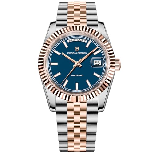Pagani Design Herrenuhr DD36, eine luxuriöse Herrenuhr mit goldenem Zifferblatt, doppelter Datumsanzeige, Saphirglas, Edelstahlgehäuse, 10 bar Wasserdichtigkeit und ST16-Uhrwerk. (Goldblau-1752A) von RollsTimi