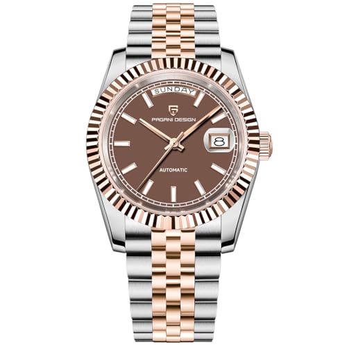 Pagani Design Herrenuhr DD36, eine luxuriöse Herrenuhr mit goldenem Zifferblatt, doppelter Datumsanzeige, Saphirglas, Edelstahlgehäuse, 10 bar Wasserdichtigkeit und ST16-Uhrwerk. (Goldbraun-1752A) von RollsTimi