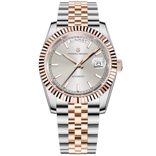 Pagani Design Herrenuhr DD36, eine luxuriöse Herrenuhr mit goldenem Zifferblatt, doppelter Datumsanzeige, Saphirglas, Edelstahlgehäuse, 10 bar Wasserdichtigkeit und ST16-Uhrwerk. (Goldgrau-1752A) von RollsTimi