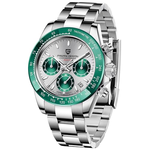 Pagani Design PD-1644 Quarz Herrenuhr, Datum, Saphirglas, 316L Edelstahl, Keramik-Lünette, VK63 Uhrwerk, wasserdichte Uhr, wasserdichte Herren Sport Chronograph Uhr (Silbergrün 1644-LP) von RollsTimi