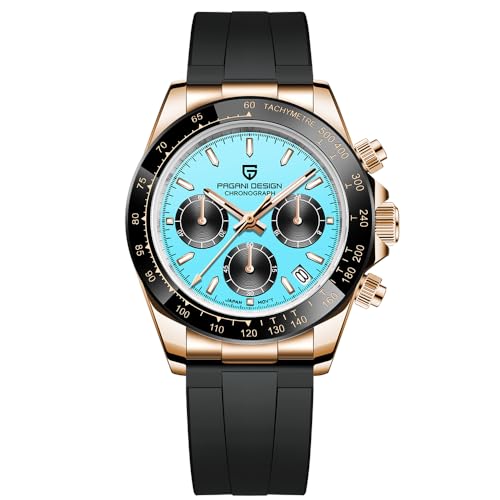 Pagani Design PD-1664 Herren Quarzuhr VK63 Uhrwerk Japanisches Uhrwerk Keramiklünette Saphir Vintage Chronograph Edelstahl wasserdichte Uhr 40mm (Gold Blau -A 1664) von RollsTimi