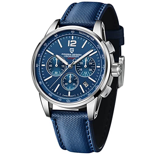 Pagani Design Quarz-Herren-Armbanduhr, Chronograph, Sport, Leder, Nylon, wasserdicht, analog, goldfarben, automatisches Datum, Business-Armbanduhr, Silber Blau Pdys-008, Gurt von RollsTimi