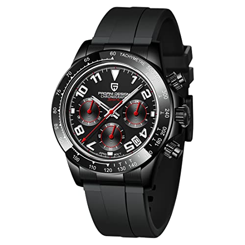 Pagani Design Saphir-Edelstahl 10Bar wasserdichte Chronographenuhr Herren Quarzuhr Sport Time Code Uhr Reloj Hombre 1687 (Schwarz 1687) von RollsTimi