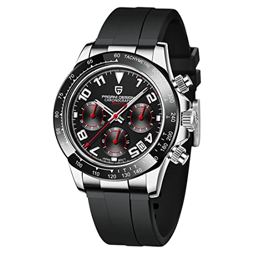 Pagani Design Saphir-Edelstahl 10Bar wasserdichte Chronographenuhr Herren Quarzuhr Sport Time Code Uhr Reloj Hombre 1687 (Silber Schwarz 1687) von RollsTimi