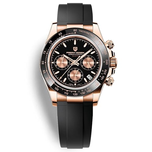 Pagani Design Herren Klassische Chronograph Uhr Japan VK63 Uhrwerk Keramik Lünette Edelstahl Herren Mode Sport Wasserdicht Quarz Uhr 1644, Goldschwarz, Armband von RollsTimi