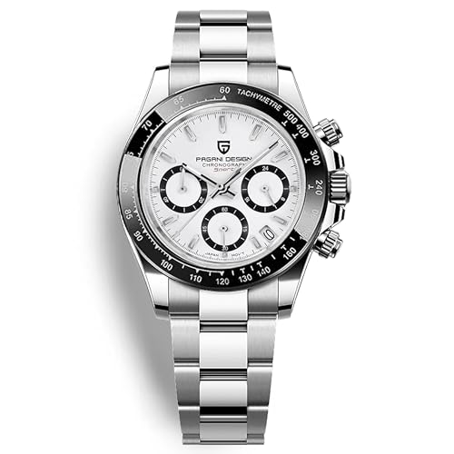 Pagani Design Herren Klassische Chronograph Uhr Japan VK63 Uhrwerk Keramik Lünette Edelstahl Herren Mode Sport Wasserdicht Quarz Uhr 1644, weiß, Armband von RollsTimi