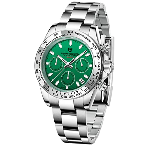 RollsTimi Herren Uhren Voll Edelstahl Chronograph Quarz Armbanduhr für Männer Wasserdicht Sport Business Armbanduhr Auto Datum, Silber Grün Pagani 1727, Armband von RollsTimi