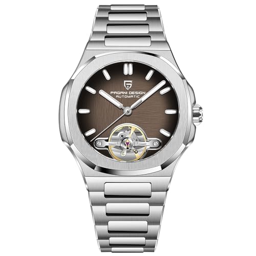 Pagani Design Herrenuhr, PD-YS025, Herren Automatik, Skelett Tourbillon, mechanisches Uhrwerk, sportliches Saphirglas, Edelstahlarmband, 42 mm Gehäuse (PD-YS025Braun) von RollsTimi