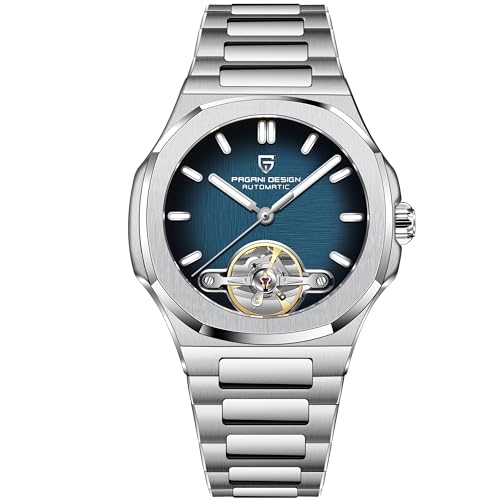 RollsTimi Pagani Design YS025 Herren-Automatikuhr Skelett-Zifferblatt Tourbillon-Stil E3251 Uhrwerk Saphirglas 100M Wasserdicht Edelstahl Luxus Sportuhr, Dunkelblau von RollsTimi