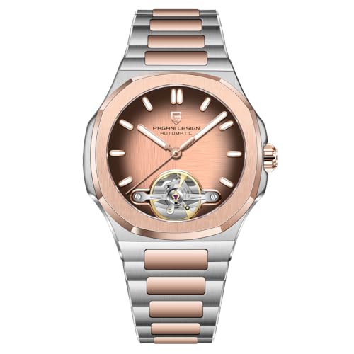 RollsTimi Pagani Design YS025 Herren-Automatikuhr Skelett-Zifferblatt Tourbillon-Stil E3251 Uhrwerk Saphirglas 100M Wasserdicht Edelstahl Luxus Sportuhr, Farbverlauf Goldbraun von RollsTimi