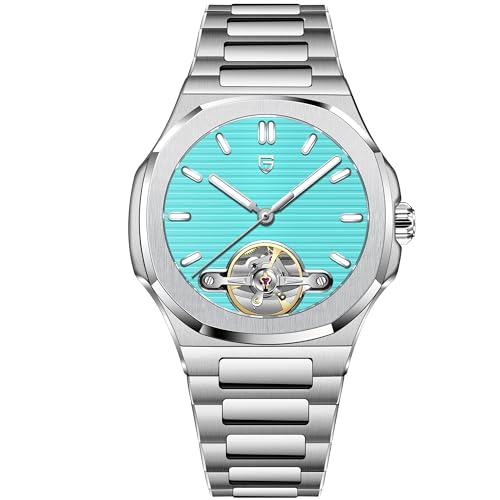 RollsTimi Pagani Design YS025 Herren-Automatikuhr Skelett-Zifferblatt Tourbillon-Stil E3251 Uhrwerk Saphirglas 100M Wasserdicht Edelstahl Luxus Sportuhr, Himmelblau von RollsTimi